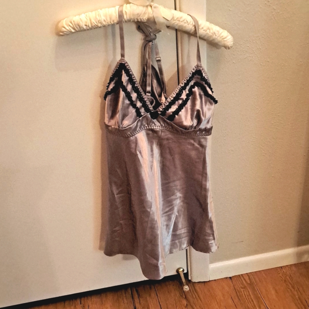 Silver lingerie dress with black lace trim